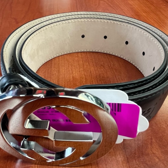 Gucci Men's Black Leather Belt with Silver Buckle